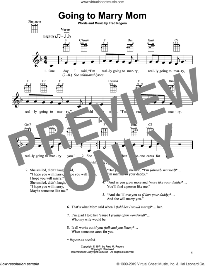 Going To Marry Mom (from Mister Rogers' Neighborhood) sheet music for ukulele by Fred Rogers and Mister Rogers, intermediate skill level