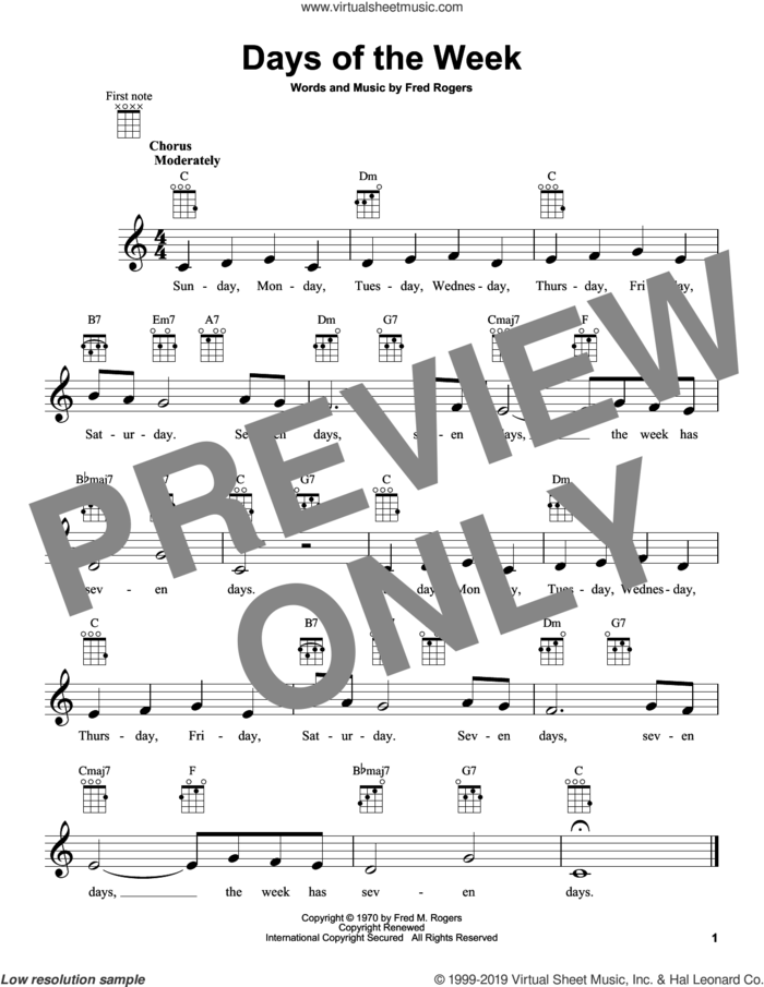 Days Of The Week (from Mister Rogers' Neighborhood) sheet music for ukulele by Fred Rogers and Mister Rogers, intermediate skill level