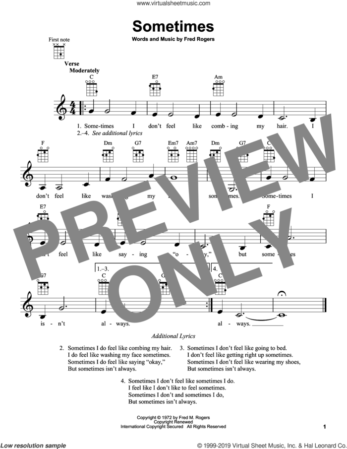 Sometimes (from Mister Rogers' Neighborhood) sheet music for ukulele by Fred Rogers and Mister Rogers, intermediate skill level