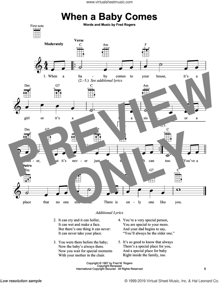 When A Baby Comes (from Mister Rogers' Neighborhood) sheet music for ukulele by Fred Rogers and Mister Rogers, intermediate skill level
