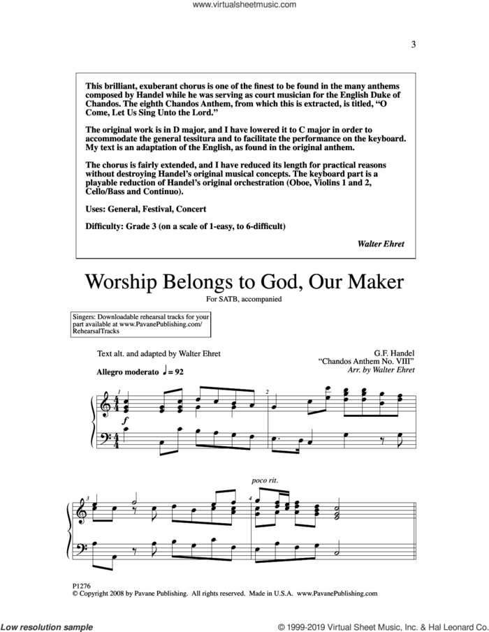 Worship Belongs to God, Our Maker (arr. Walter Ehret) sheet music for choir (SATB: soprano, alto, tenor, bass) by George Frideric Handel and Walter Ehret, intermediate skill level