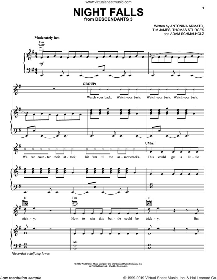 Night Falls (from Disney's Descendants 3) sheet music for voice, piano or guitar by Descendants 3 Cast, Adam Schmalholz, Antonina Armato, Thomas Sturges and Tim James, intermediate skill level