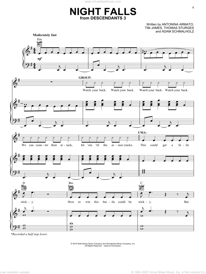 Night Falls (from Disney's Descendants 3) sheet music for voice, piano or guitar by Descendants 3 Cast, Adam Schmalholz, Antonina Armato, Thomas Sturges and Tim James, intermediate skill level