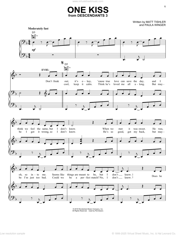 One Kiss (from Disney's Descendants 3) sheet music for voice, piano or guitar by Sofia Carson, China Anne McClain, Dove Cameron, Matt Tishler and Paula Winger, intermediate skill level