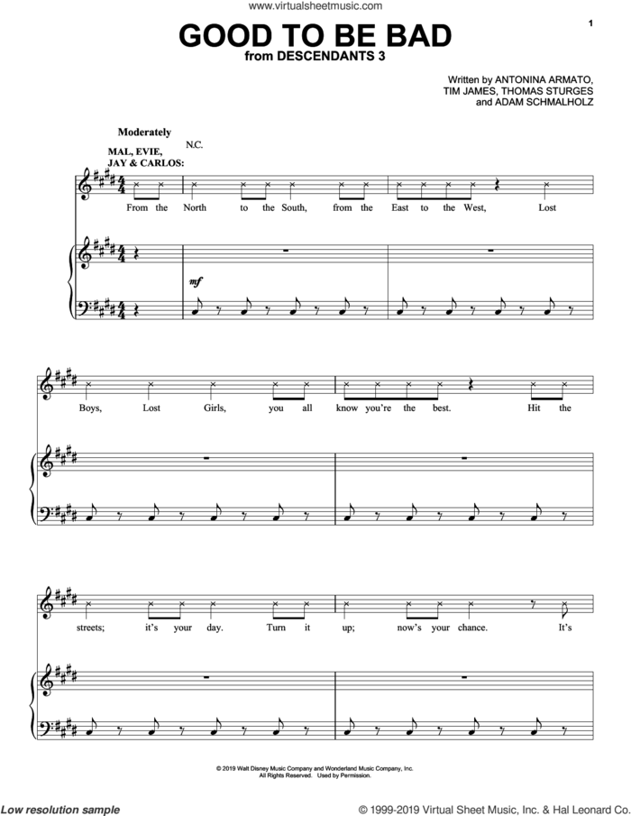 Good To Be Bad (from Disney's Descendants 3) sheet music for voice, piano or guitar by Descendants 3 Cast, Adam Schmalholz, Antonina Armato, Thomas Sturges and Tim James, intermediate skill level