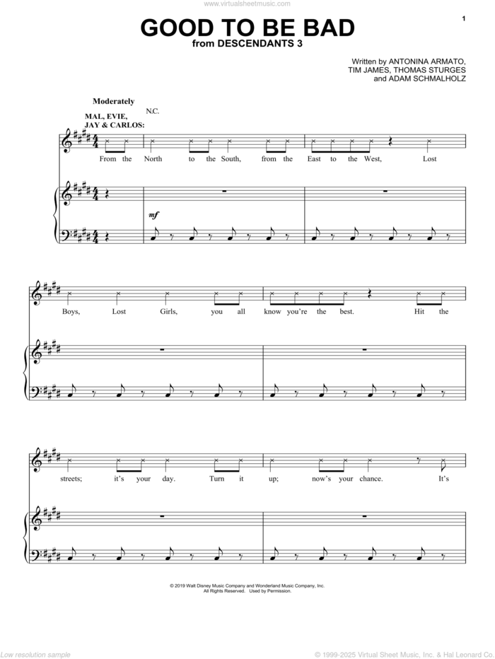 Good To Be Bad (from Disney's Descendants 3) sheet music for voice, piano or guitar by Descendants 3 Cast, Adam Schmalholz, Antonina Armato, Thomas Sturges and Tim James, intermediate skill level