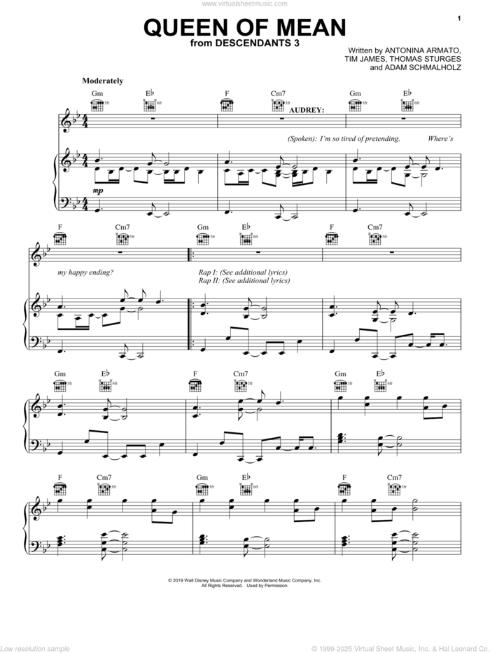 Queen Of Mean (from Disney's Descendants 3) sheet music for voice, piano or guitar by Sarah Jeffery, Adam Schmalholz, Antonina Armato, Thomas Sturges and Tim James, intermediate skill level