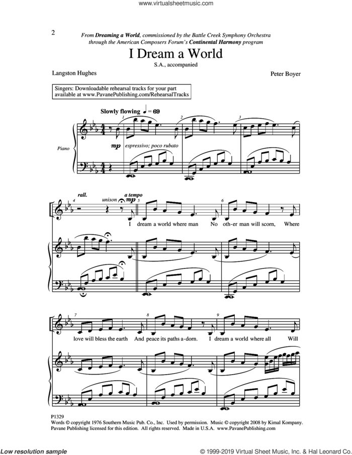 I Dream A World sheet music for choir (2-Part) by Peter Boyer, intermediate duet