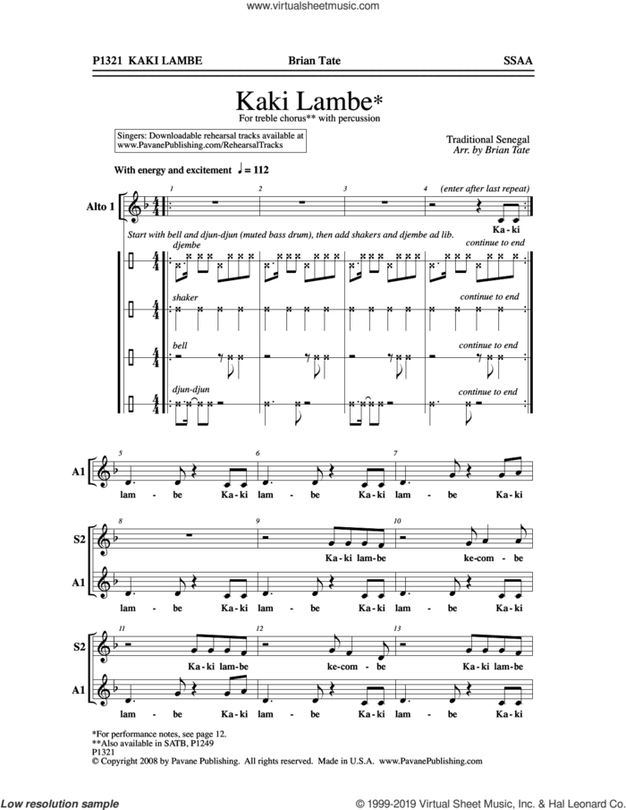 Kaki Lambe sheet music for choir (SSA: soprano, alto) by Brian Tate, intermediate skill level