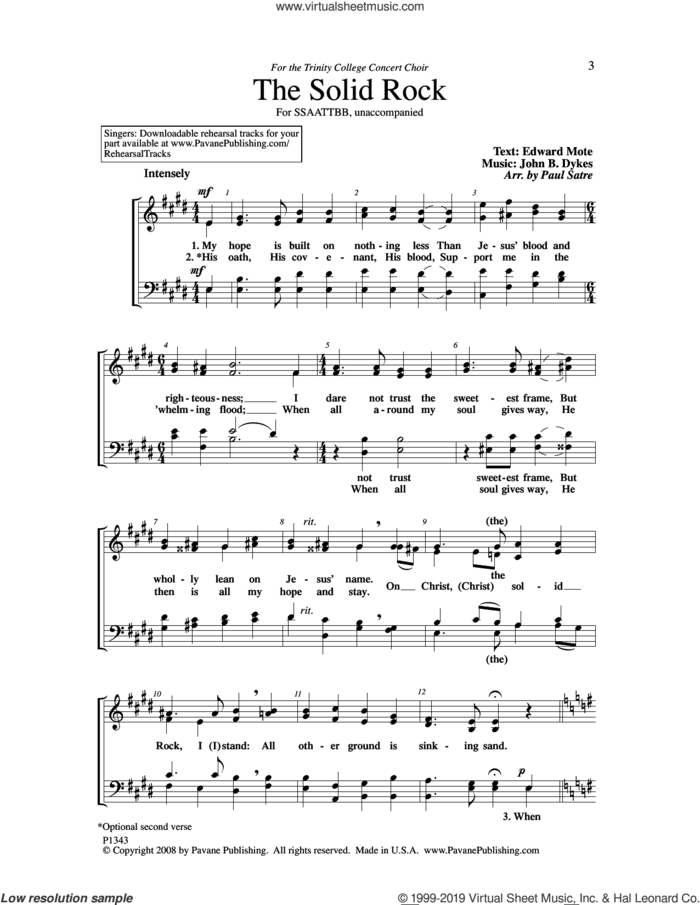 The Solid Rock (arr. Paul Satre) sheet music for choir (SATB: soprano, alto, tenor, bass) by Edward Mote, Paul Satre and John Bacchus Dykes, intermediate skill level