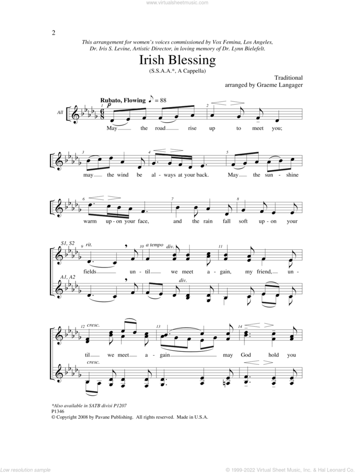 Irish Blessing sheet music for choir (SSA: soprano, alto) by Graeme Langager, intermediate skill level