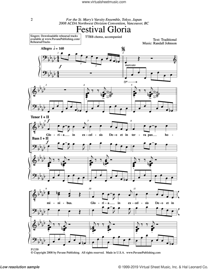 Festival Gloria sheet music for choir (TTBB: tenor, bass) by Randall Johnson, intermediate skill level