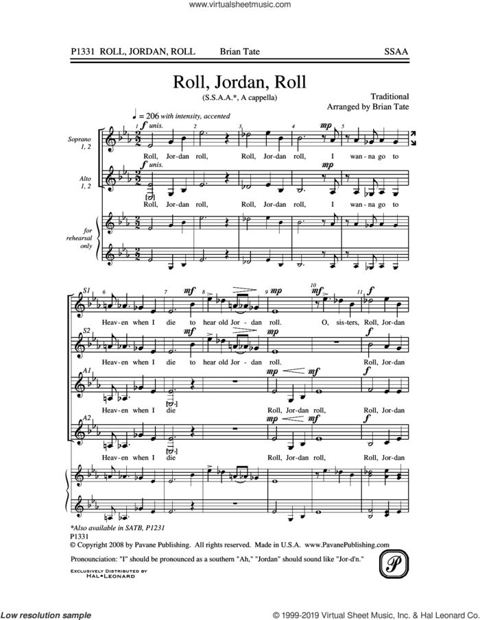 Roll, Jordan, Roll sheet music for choir (SSA: soprano, alto) by Brian Tate, intermediate skill level