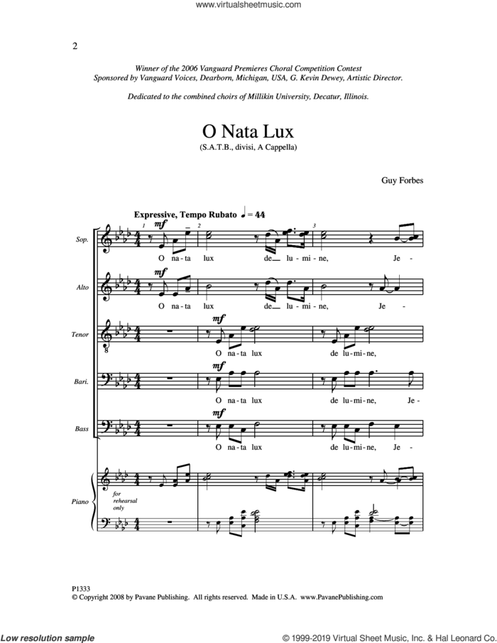 O Nata Lux sheet music for choir (SATB: soprano, alto, tenor, bass) by Guy Forbes, intermediate skill level