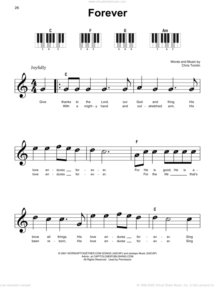 Forever sheet music for piano solo by Chris Tomlin, beginner skill level