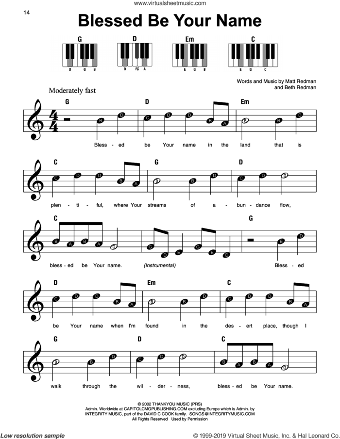 Blessed Be Your Name sheet music for piano solo by Matt Redman and Beth Redman, beginner skill level