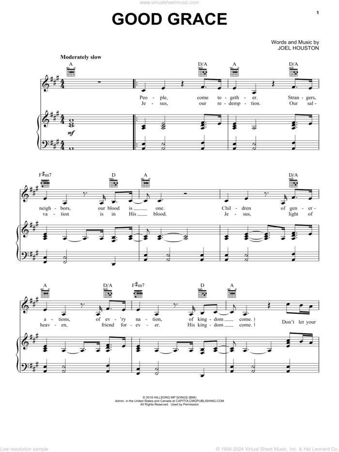 Good Grace sheet music for voice, piano or guitar by Hillsong United and Joel Houston, intermediate skill level