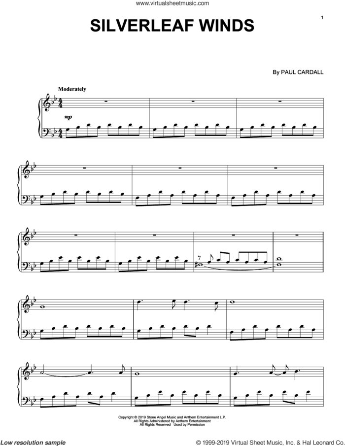 Silverleaf Winds sheet music for piano solo by Paul Cardall, intermediate skill level