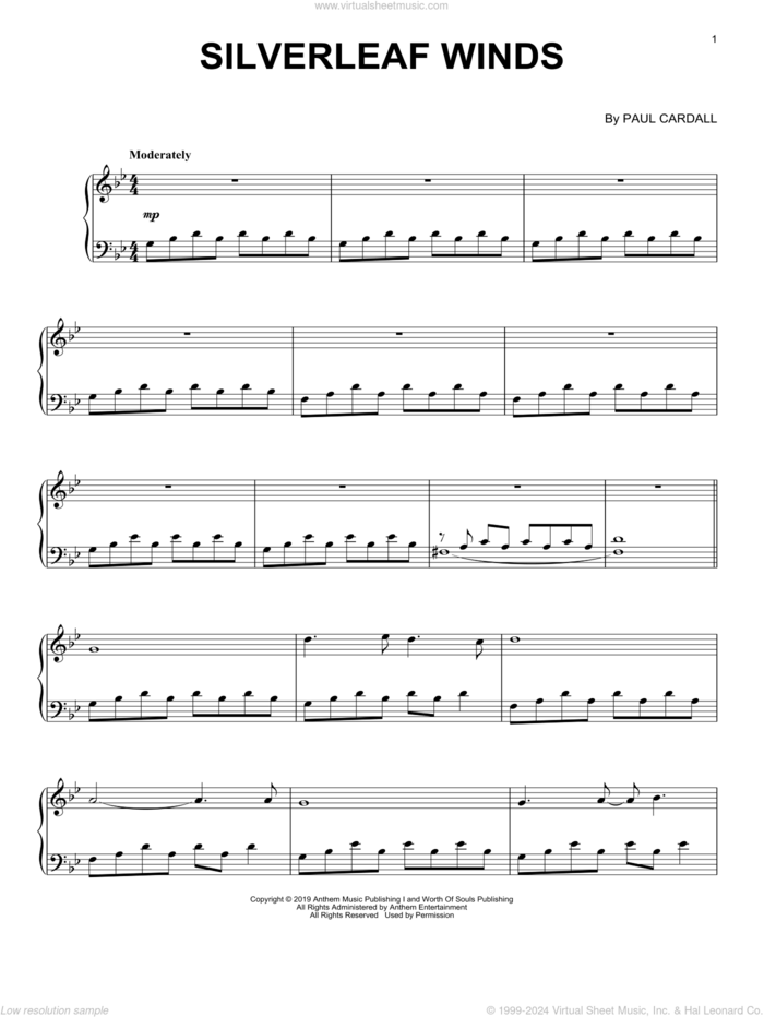 Silverleaf Winds sheet music for piano solo by Paul Cardall, intermediate skill level