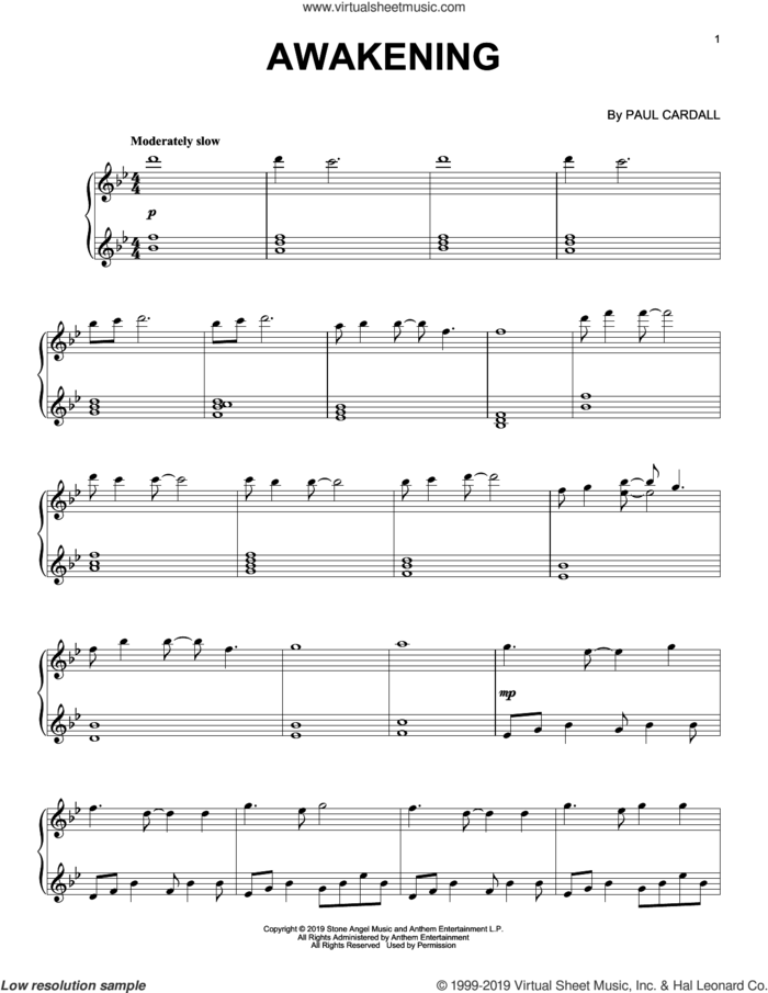 Awakening sheet music for piano solo by Paul Cardall, intermediate skill level
