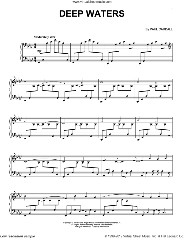 Deep Waters sheet music for piano solo by Paul Cardall, intermediate skill level