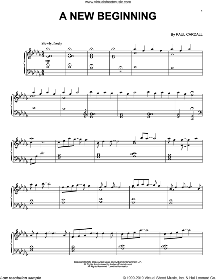 A New Beginning sheet music for piano solo by Paul Cardall, intermediate skill level