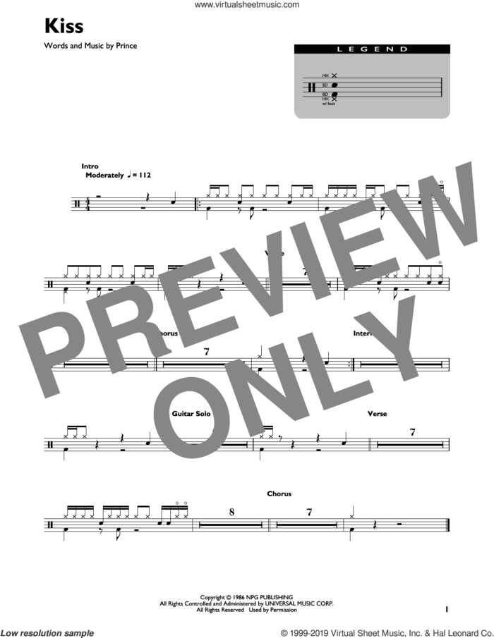 Kiss sheet music for drums (percussions) by Prince, intermediate skill level