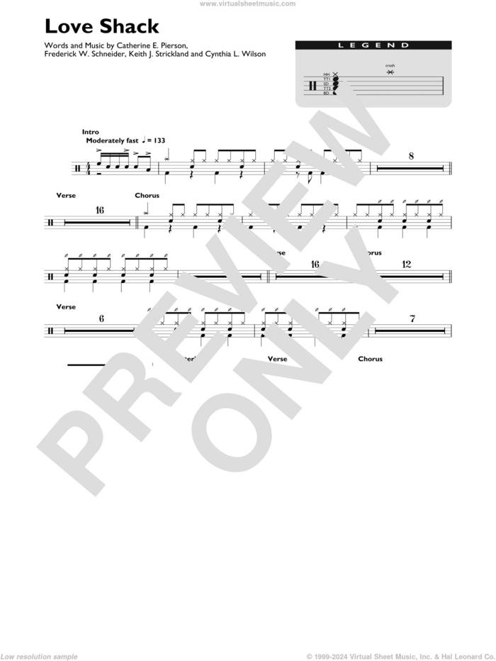 Love Shack sheet music for drums (percussions) by The B-52's, Catherine E. Pierson, Cynthia L. Wilson, Frederick W. Schneider and Keith Strickland, intermediate skill level