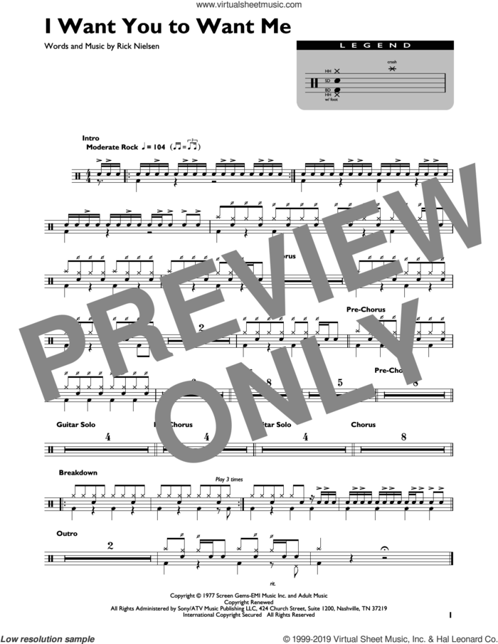 I Want You To Want Me sheet music for drums (percussions) by Cheap Trick and Rick Nielsen, intermediate skill level