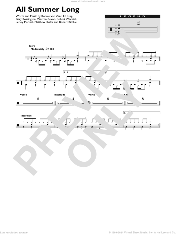 All Summer Long sheet music for drums (percussions) by Kid Rock, Edward King, Gary Rossington, KeRoy Marinel, Matthew Shafer, Robert Ritchie, Robert Wachtel, Ronnie Van Zant and Warren Zevon, intermediate skill level