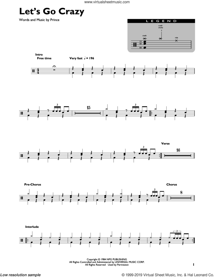 Let's Go Crazy sheet music for drums (percussions) by Prince, intermediate skill level