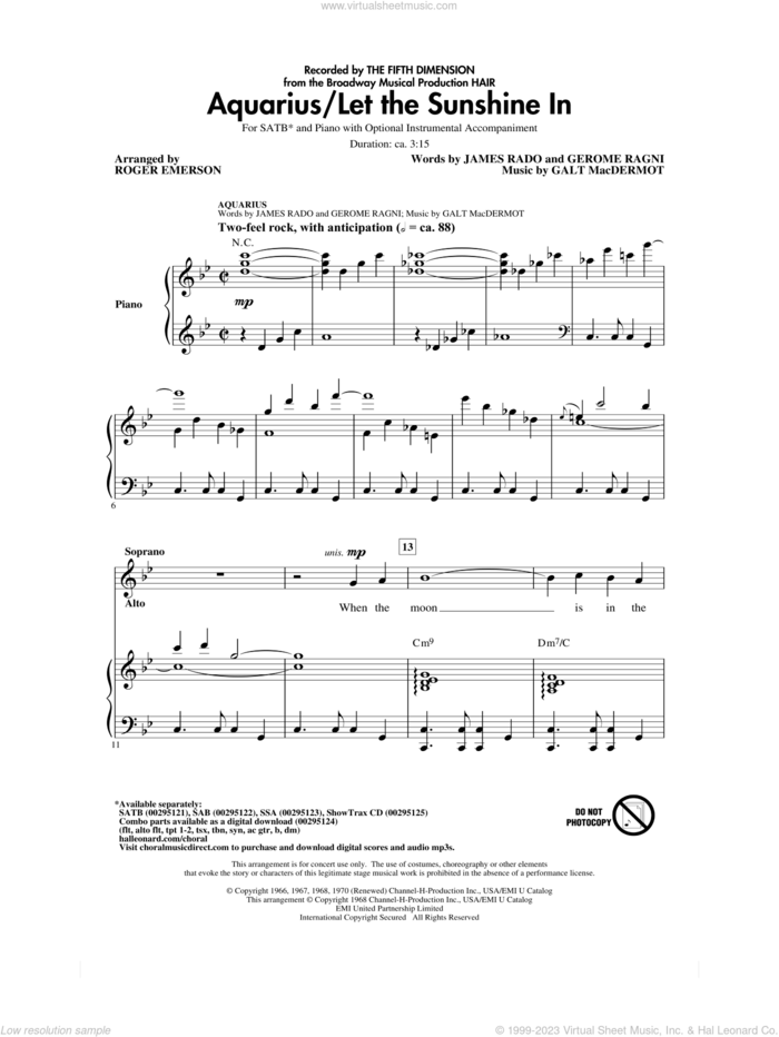 Aquarius / Let the Sunshine In (from the musical Hair) (arr. Roger Emerson) sheet music for choir (SATB: soprano, alto, tenor, bass) by Galt MacDermot, Roger Emerson, The Fifth Dimension, Gerome Ragni and James Rado, intermediate skill level