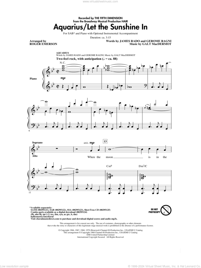 Aquarius / Let the Sunshine In (from the musical Hair) (arr. Roger Emerson) sheet music for choir (SAB: soprano, alto, bass) by Galt MacDermot, Roger Emerson, The Fifth Dimension, Gerome Ragni and James Rado, intermediate skill level