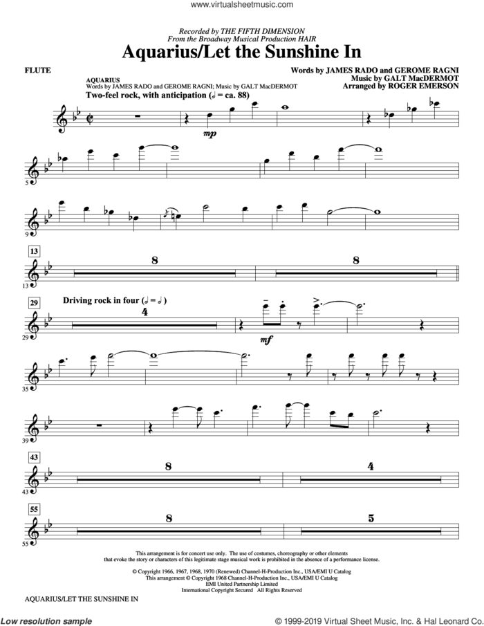 Aquarius / Let the Sunshine In (from the musical Hair) (arr. Roger Emerson) (complete set of parts) sheet music for orchestra/band by Roger Emerson, Galt MacDermot, Gerome Ragni, James Rado and The Fifth Dimension, intermediate skill level