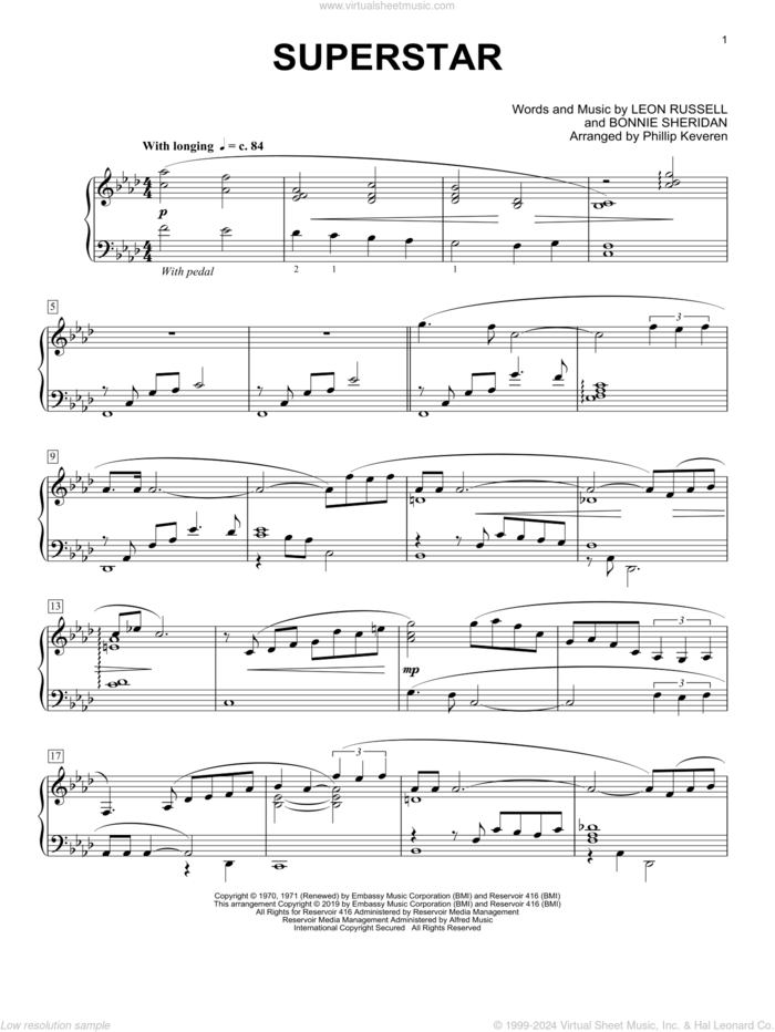 Superstar (arr. Phillip Keveren) sheet music for piano solo by Carpenters, Phillip Keveren, Bonnie Sheridan and Leon Russell, intermediate skill level