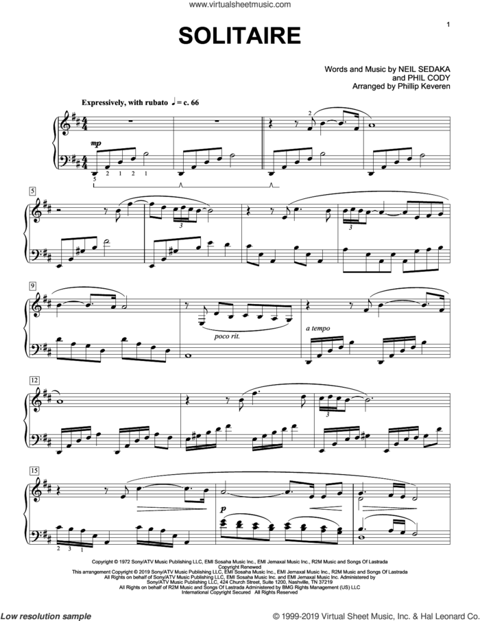 Solitaire (arr. Phillip Keveren) sheet music for piano solo by Carpenters, Phillip Keveren, Neil Sedaka and Phil Cody, intermediate skill level