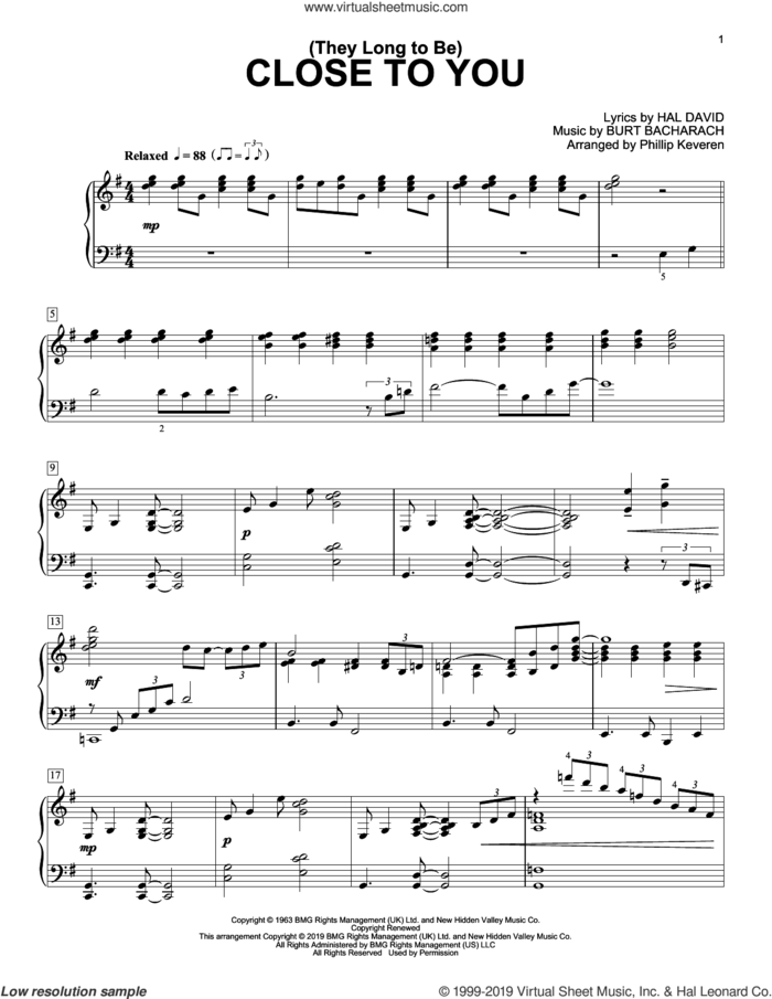 (They Long To Be) Close To You (arr. Phillip Keveren) sheet music for piano solo by Carpenters, Phillip Keveren, Burt Bacharach and Hal David, intermediate skill level