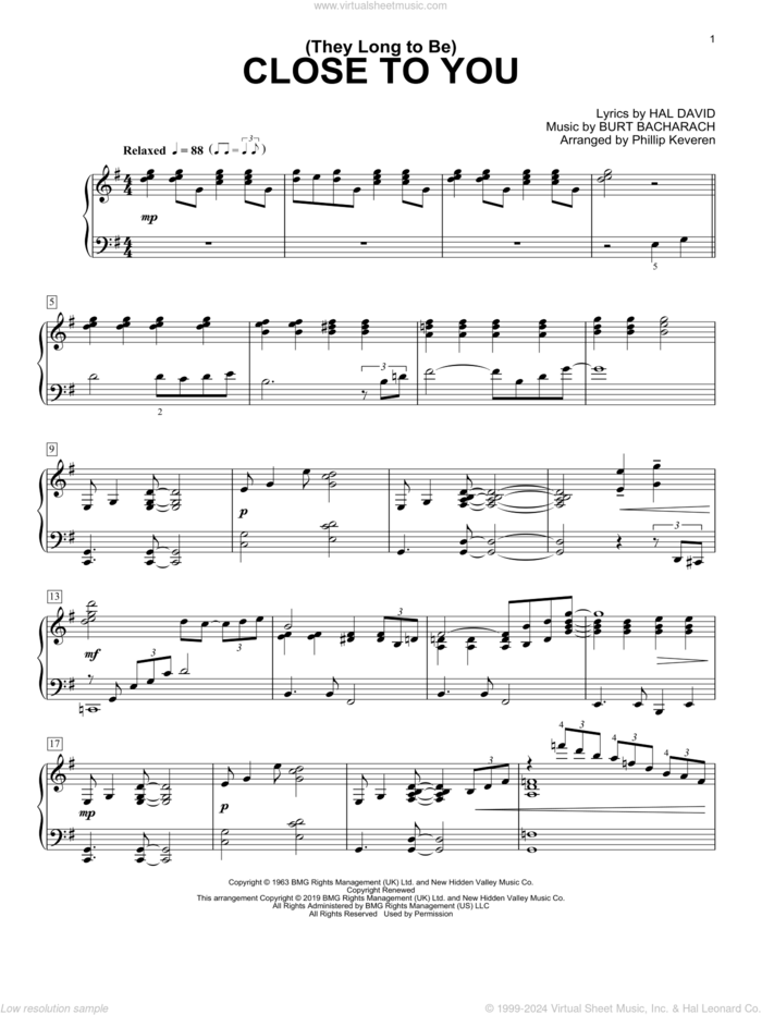 (They Long To Be) Close To You (arr. Phillip Keveren), (intermediate) sheet music for piano solo by Carpenters, Phillip Keveren, Burt Bacharach and Hal David, intermediate skill level