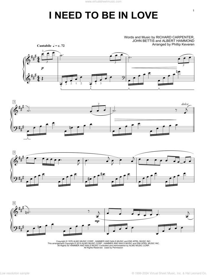 I Need To Be In Love (arr. Phillip Keveren) sheet music for piano solo by Carpenters, Phillip Keveren, Albert Hammond, John Bettis and Richard Carpenter, intermediate skill level