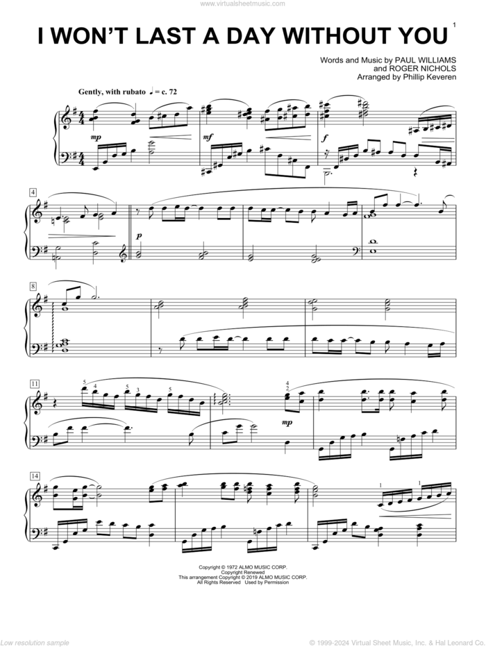 I Won't Last A Day Without You (arr. Phillip Keveren) sheet music for piano solo by Carpenters, Phillip Keveren, Paul Williams and Roger Nichols, intermediate skill level