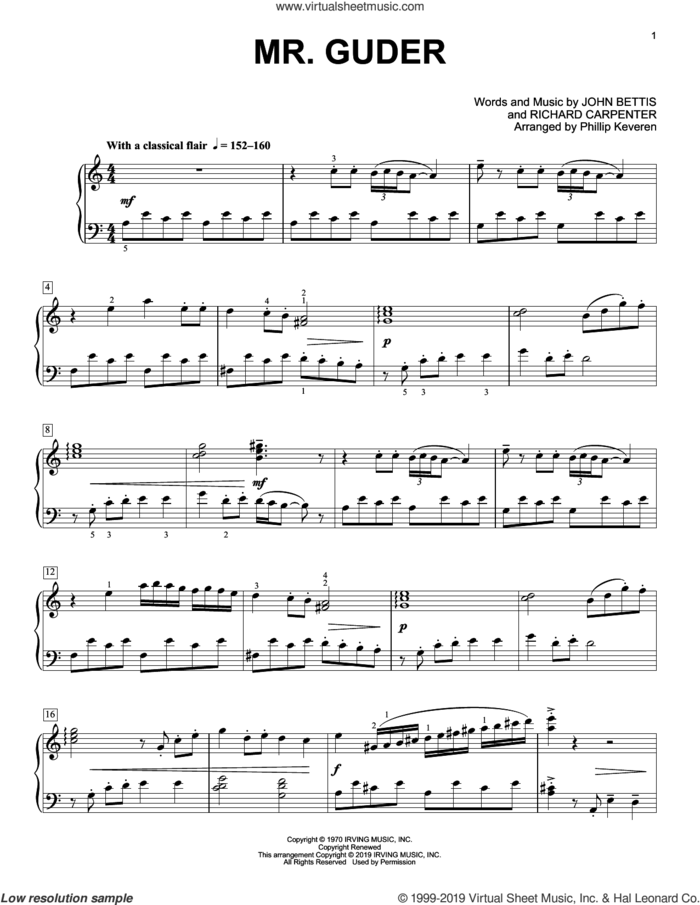 Mr. Guder (arr. Phillip Keveren) sheet music for piano solo by Carpenters, Phillip Keveren, John Bettis and Richard Carpenter, intermediate skill level