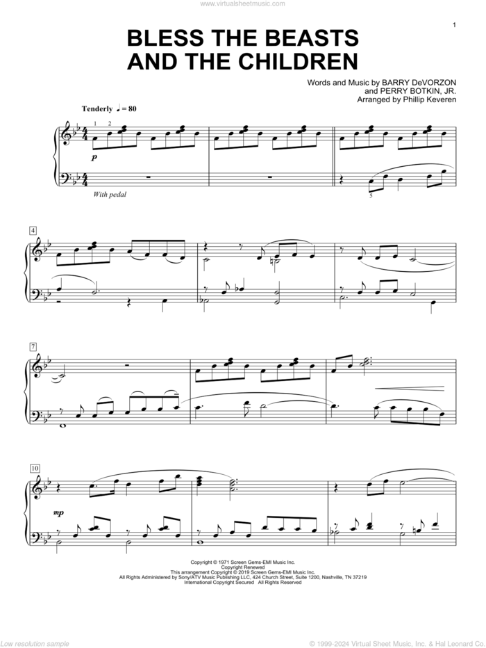 Bless The Beasts And Children (arr. Phillip Keveren) sheet music for piano solo by Carpenters, Phillip Keveren, Barry DeVorzon and Perry Botkin, Jr., intermediate skill level