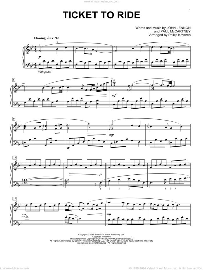 Ticket To Ride (arr. Phillip Keveren) sheet music for piano solo by Carpenters, Phillip Keveren, The Beatles, John Lennon and Paul McCartney, intermediate skill level