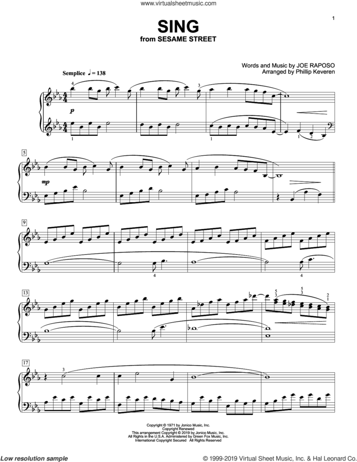 Sing (arr. Phillip Keveren) sheet music for piano solo by Carpenters, Phillip Keveren and Joe Raposo, intermediate skill level