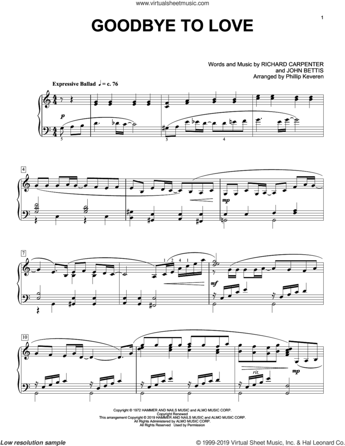 Goodbye To Love (arr. Phillip Keveren) sheet music for piano solo by Carpenters, Phillip Keveren, John Bettis and Richard Carpenter, intermediate skill level