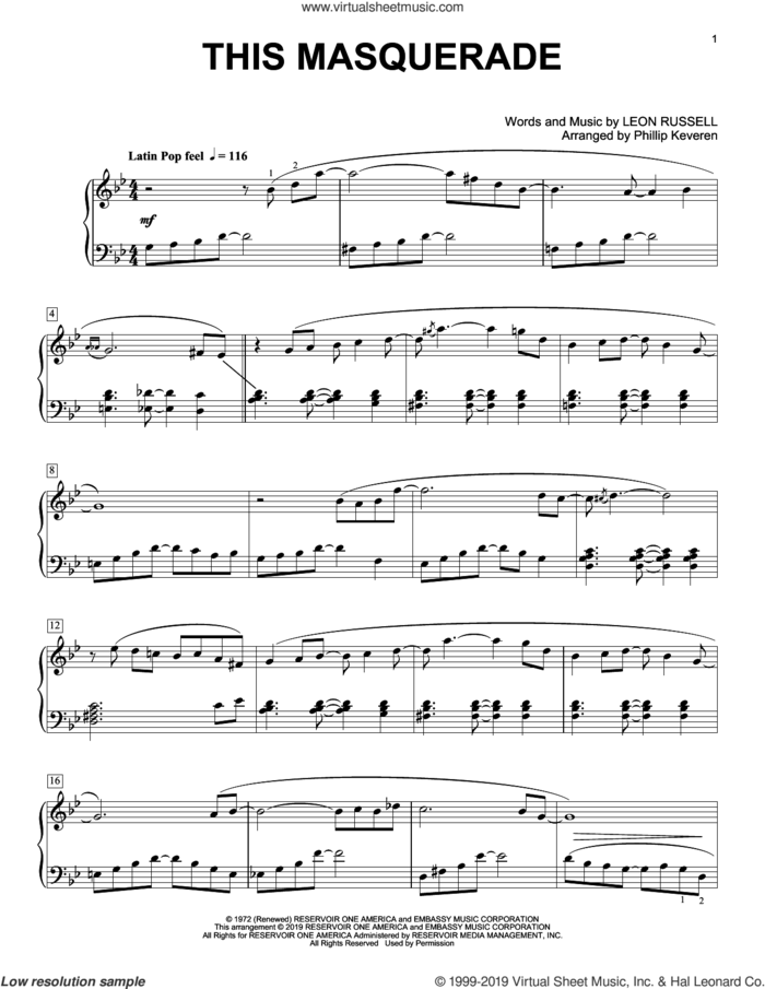 This Masquerade (arr. Phillip Keveren) sheet music for piano solo by Carpenters, Phillip Keveren, George Benson and Leon Russell, intermediate skill level