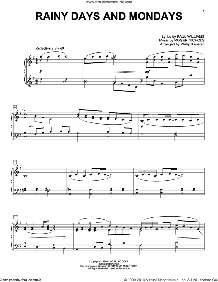 Rainy Days And Mondays (arr. Phillip Keveren) sheet music for piano solo by Carpenters, Phillip Keveren, Paul Williams and Roger Nichols, intermediate skill level