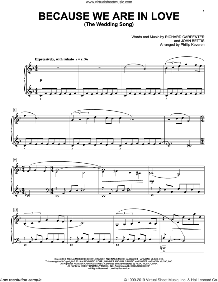 Because We Are In Love (The Wedding Song) (arr. Phillip Keveren) sheet music for piano solo by Carpenters, Phillip Keveren, John Bettis and Richard Carpenter, intermediate skill level