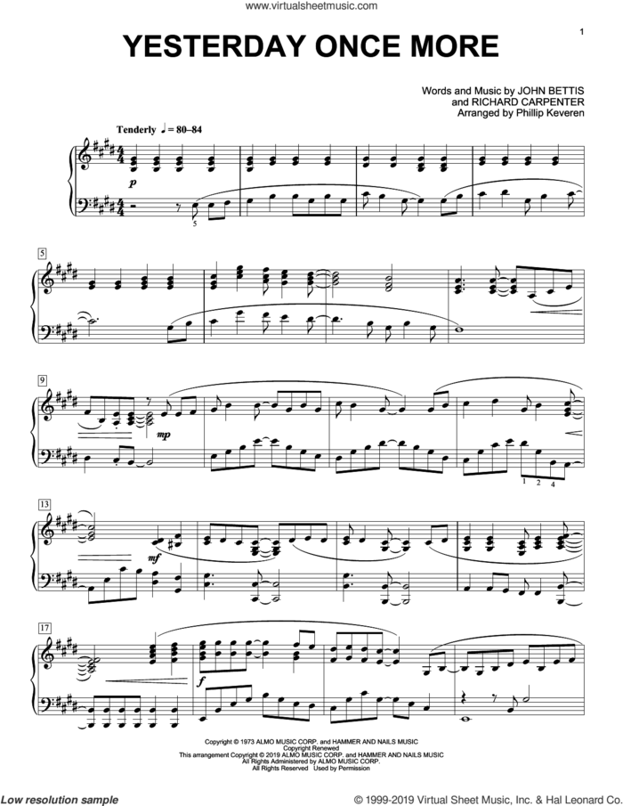 Yesterday Once More (arr. Phillip Keveren) sheet music for piano solo by Carpenters, Phillip Keveren, John Bettis and Richard Carpenter, intermediate skill level