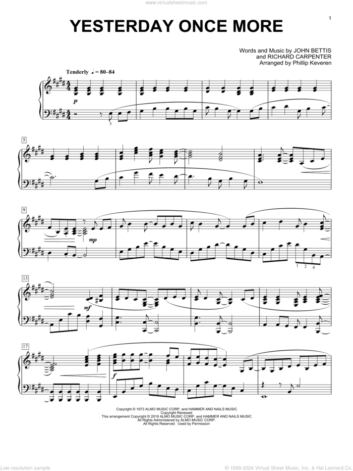 Yesterday Once More (arr. Phillip Keveren) sheet music for piano solo by Carpenters, Phillip Keveren, John Bettis and Richard Carpenter, intermediate skill level